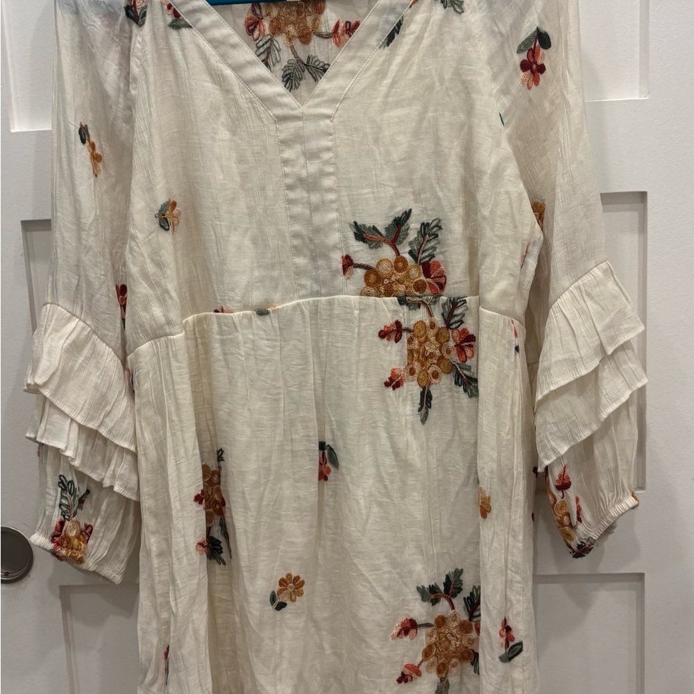 Anthropologie Fig and Flower White Boho Midi Dress with Floral Embroidery - Picture 2 of 6
